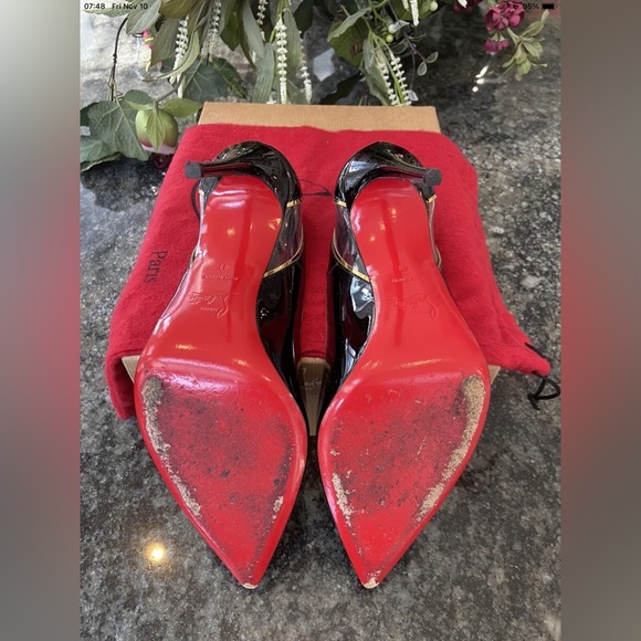 Christian Louboutin Cosmo Black Patent and Gold Euro 41 100mm Heels - Picture 5 of 8